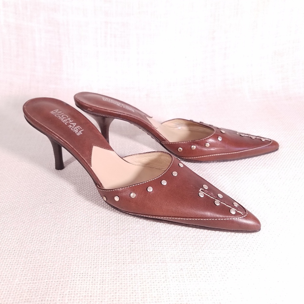 Michael Kors Leather Studded Kitten Heel Mules